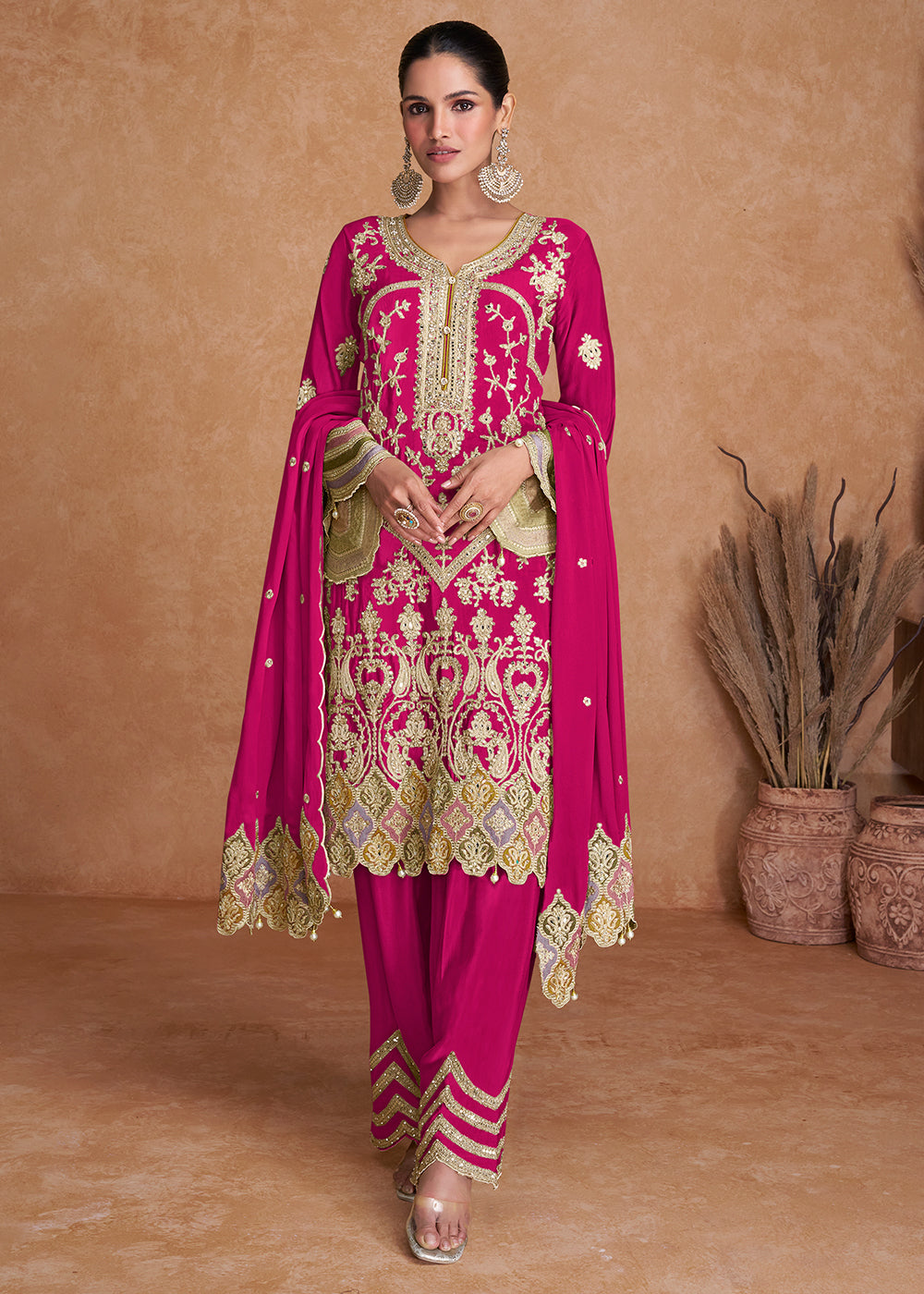 Magenta Pink Designer GMY Silk Plazzo suit and Dupatta For Party Wear
