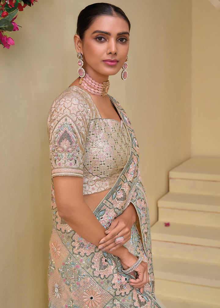 Cream White Banarasi Tuscany Saree with Jari, Moti, Mirror & Thread Embellishments