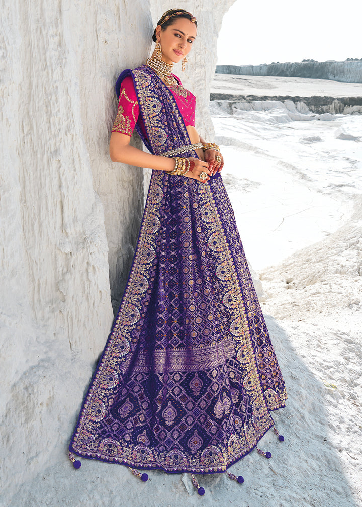 Indigo Purple Georgette Silk Saree Featuring Zari Weave, Bandhani, and Patola Design