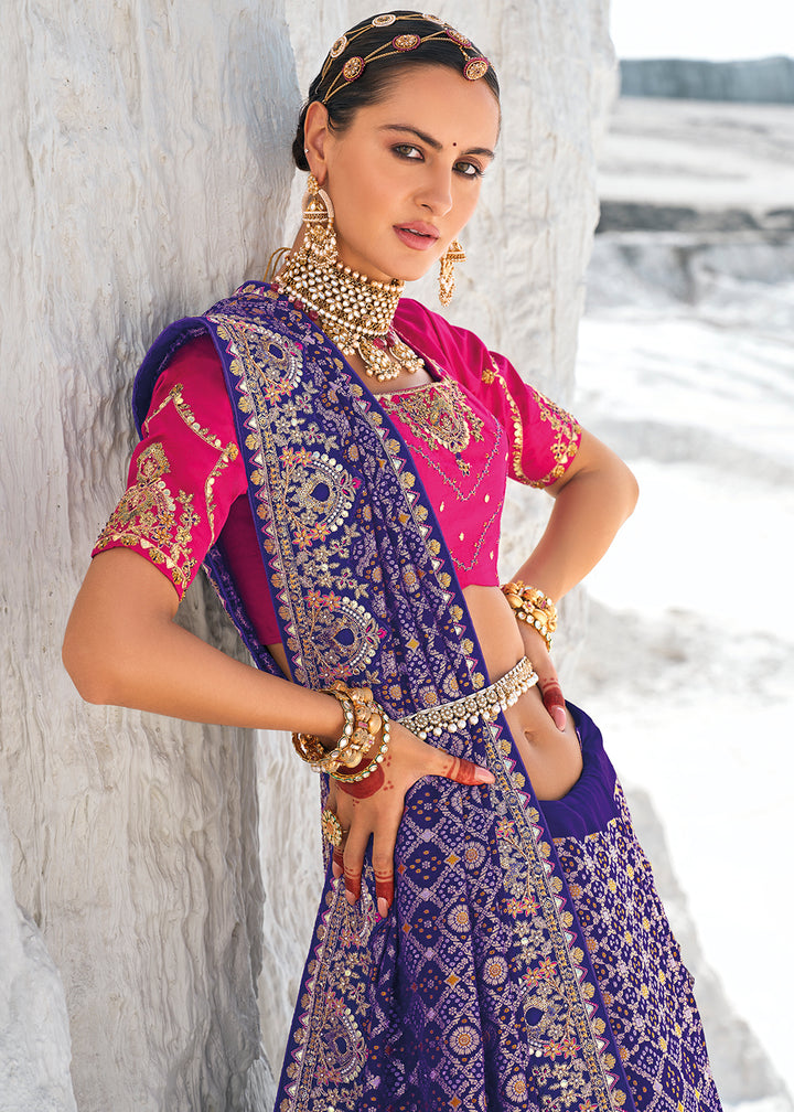 Indigo Purple Georgette Silk Saree Featuring Zari Weave, Bandhani, and Patola Design