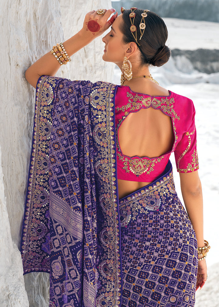Indigo Purple Georgette Silk Saree Featuring Zari Weave, Bandhani, and Patola Design