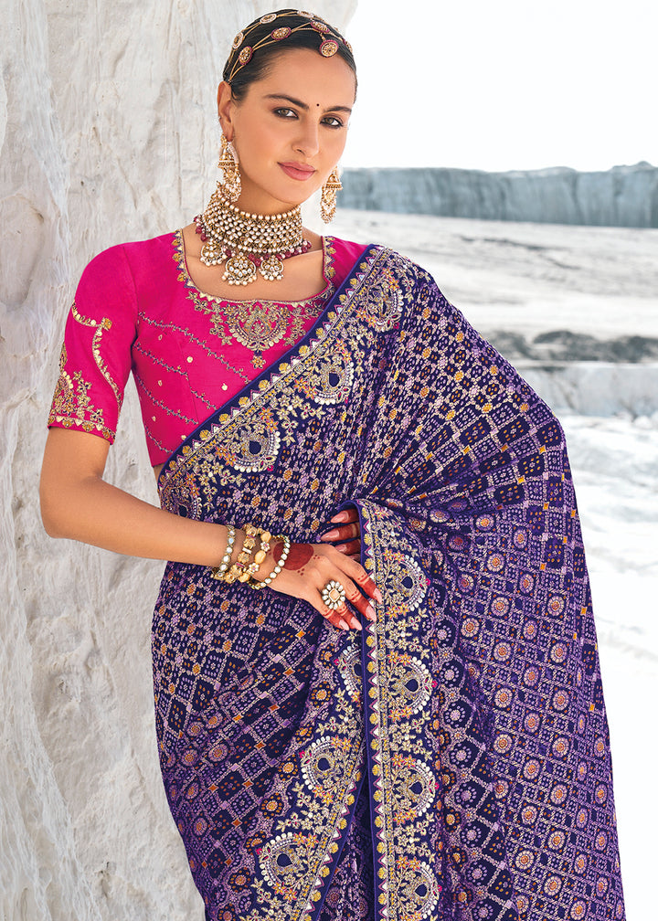 Indigo Purple Georgette Silk Saree Featuring Zari Weave, Bandhani, and Patola Design