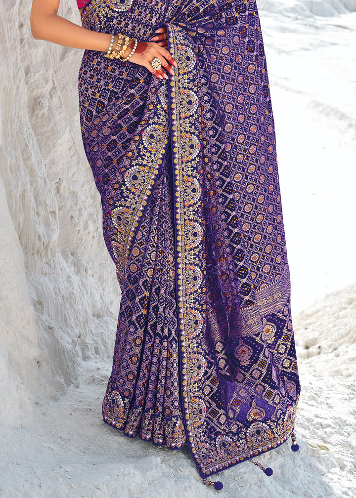 Indigo Purple Georgette Silk Saree Featuring Zari Weave, Bandhani, and Patola Design