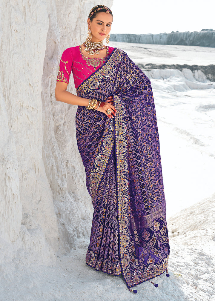 Indigo Purple Georgette Silk Saree Featuring Zari Weave, Bandhani, and Patola Design