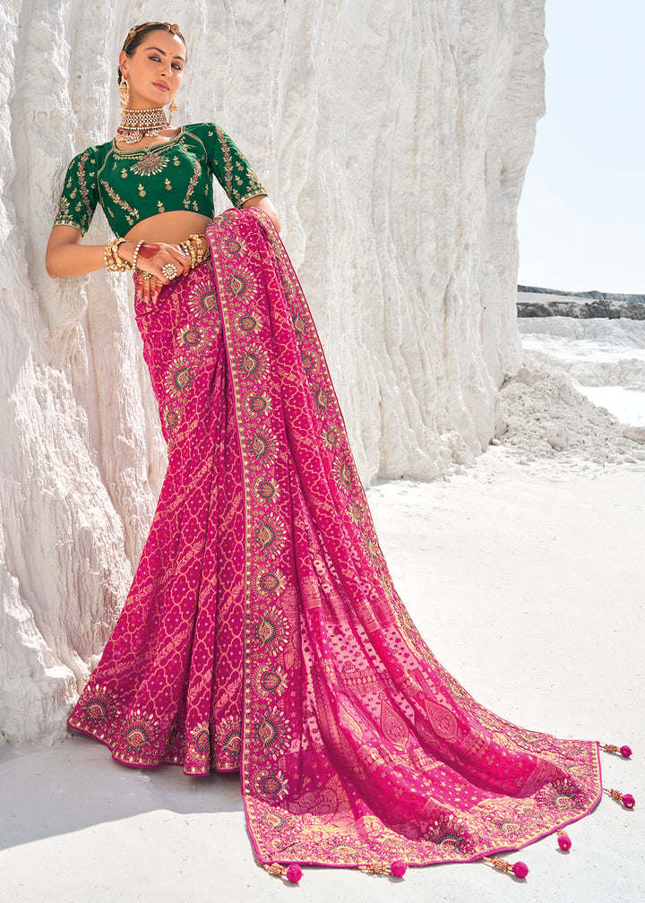 Hot Pink Georgette Silk Saree Featuring Zari Weave, Bandhani, and Patola Design