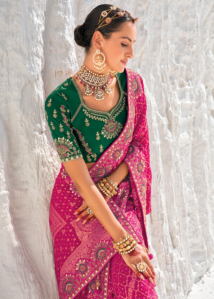 Hot Pink Georgette Silk Saree Featuring Zari Weave, Bandhani, and Patola Design