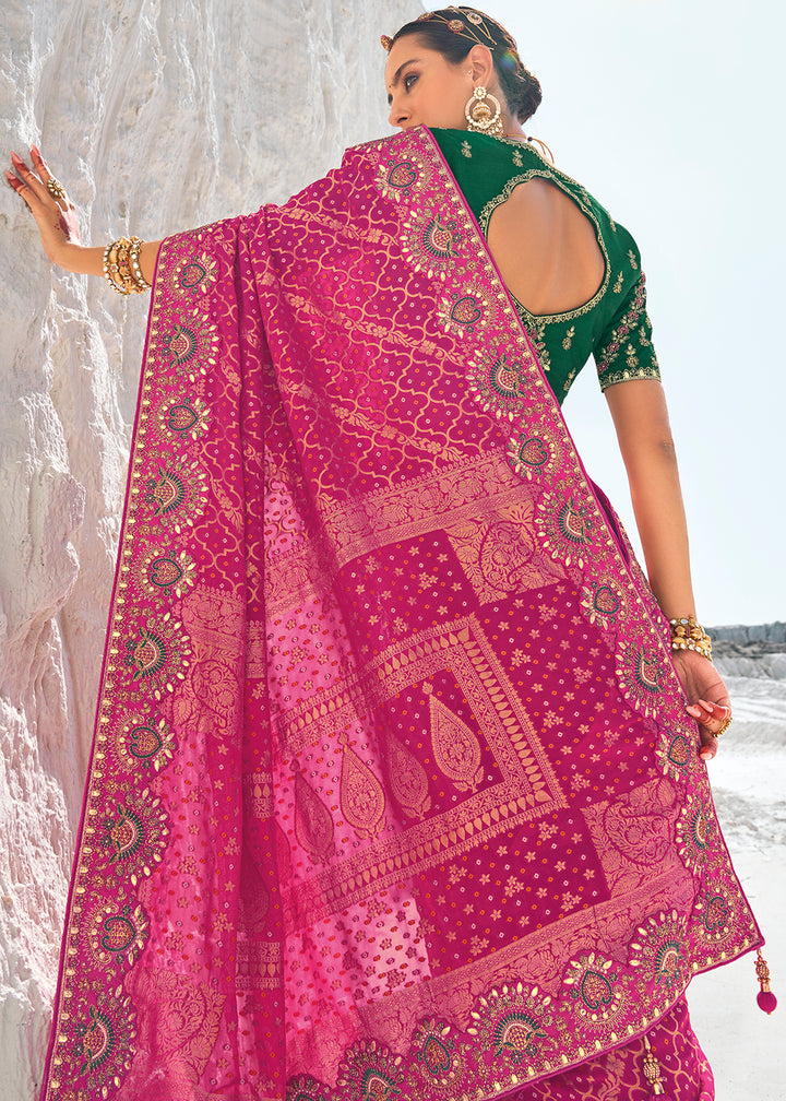 Hot Pink Georgette Silk Saree Featuring Zari Weave, Bandhani, and Patola Design
