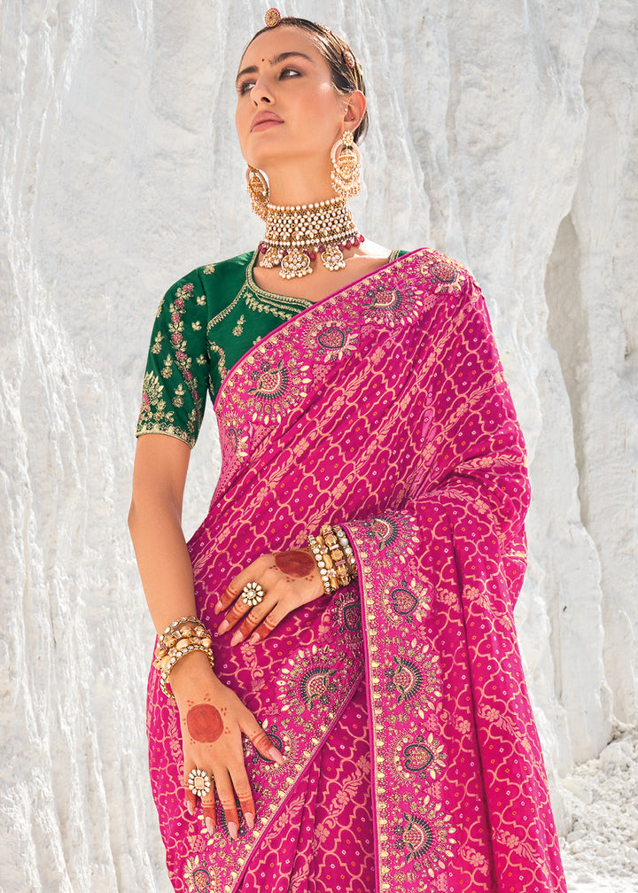 Hot Pink Georgette Silk Saree Featuring Zari Weave, Bandhani, and Patola Design