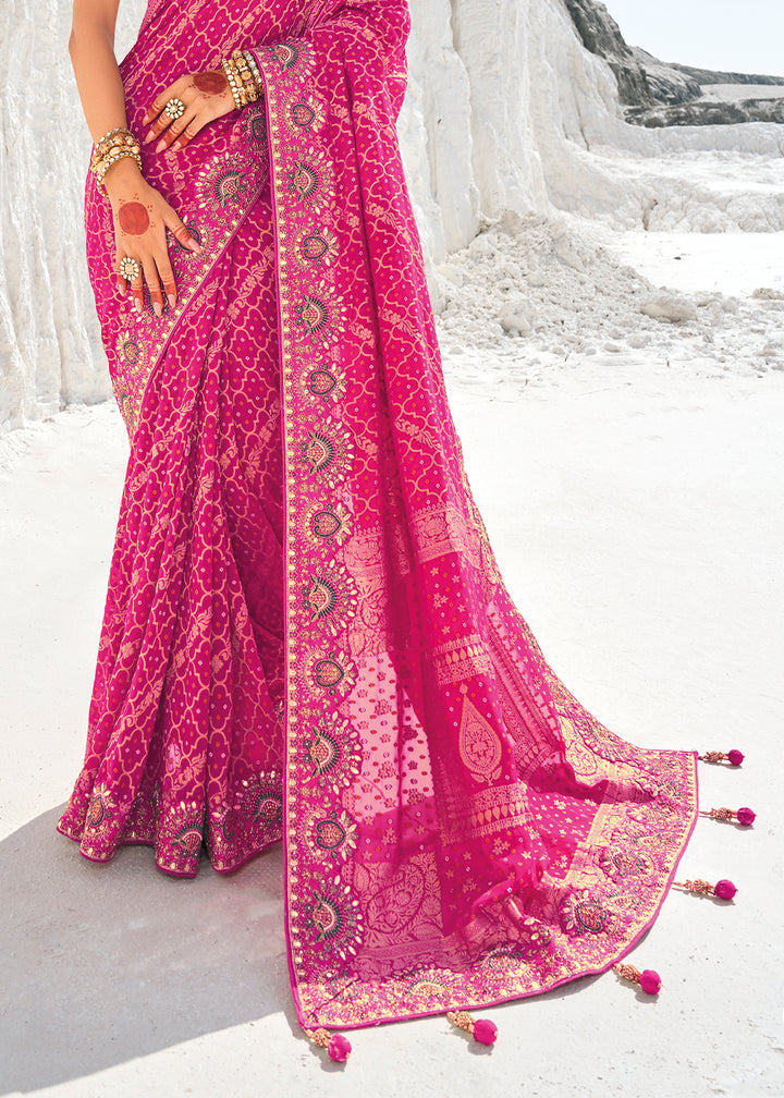 Hot Pink Georgette Silk Saree Featuring Zari Weave, Bandhani, and Patola Design