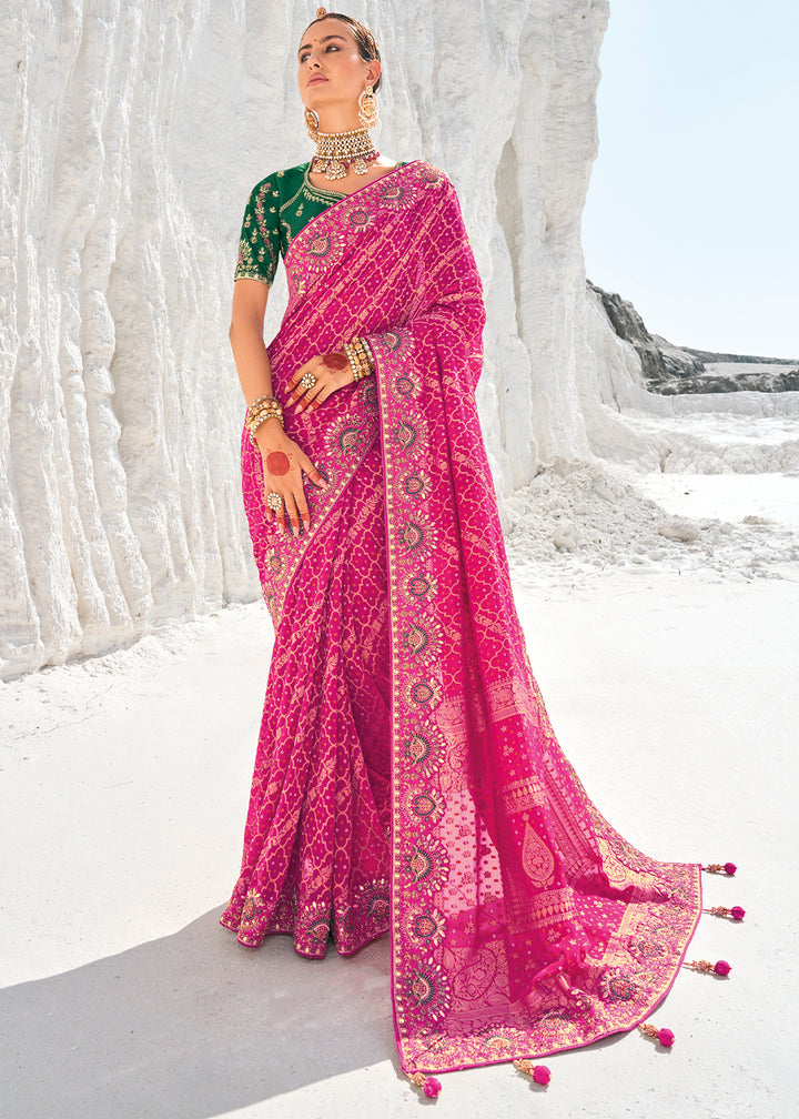 Hot Pink Georgette Silk Saree Featuring Zari Weave, Bandhani, and Patola Design