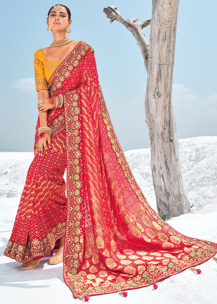 Crimson Red Georgette Silk Saree Featuring Zari Weave, Bandhani, and Patola Design