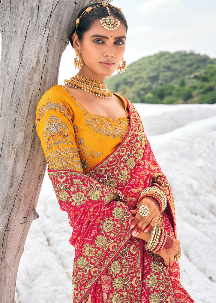 Crimson Red Georgette Silk Saree Featuring Zari Weave, Bandhani, and Patola Design