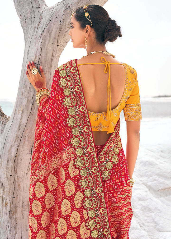 Crimson Red Georgette Silk Saree Featuring Zari Weave, Bandhani, and Patola Design