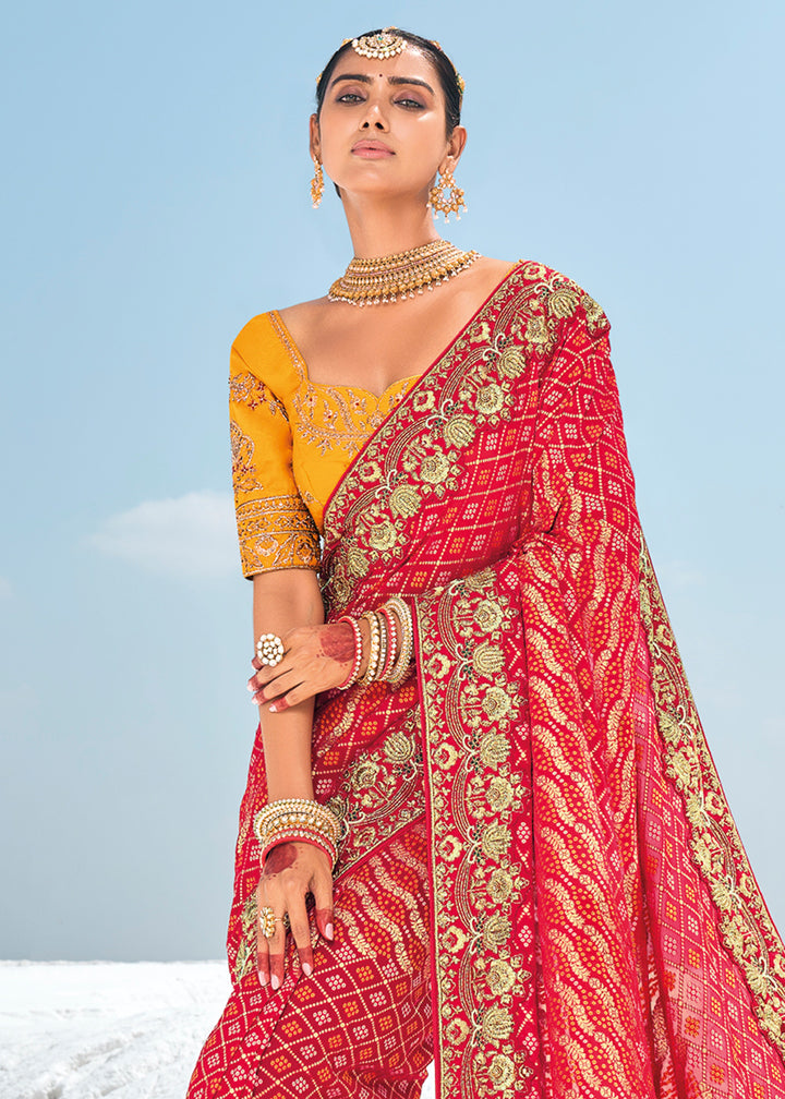 Crimson Red Georgette Silk Saree Featuring Zari Weave, Bandhani, and Patola Design