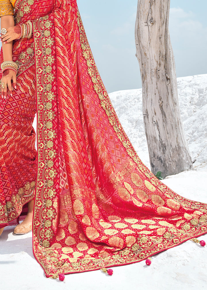 Crimson Red Georgette Silk Saree Featuring Zari Weave, Bandhani, and Patola Design