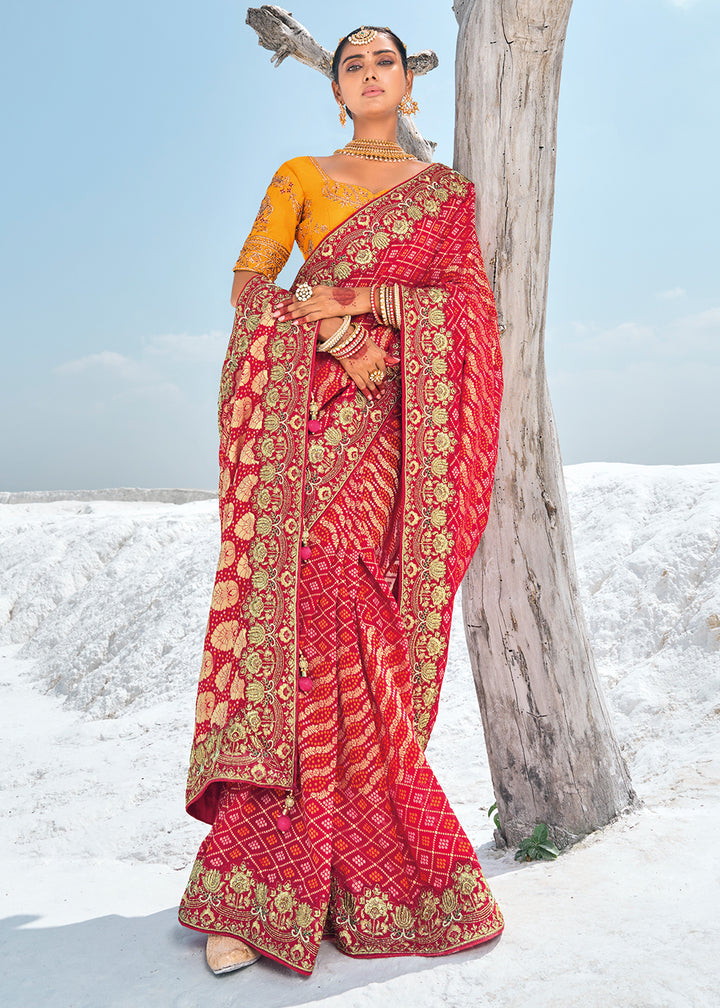 Crimson Red Georgette Silk Saree Featuring Zari Weave, Bandhani, and Patola Design
