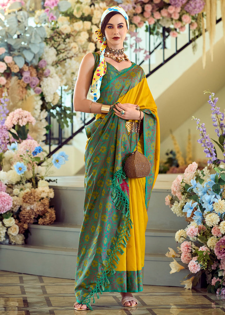 Canary Yellow Soft Silk Saree Adorned with Ikkat Border