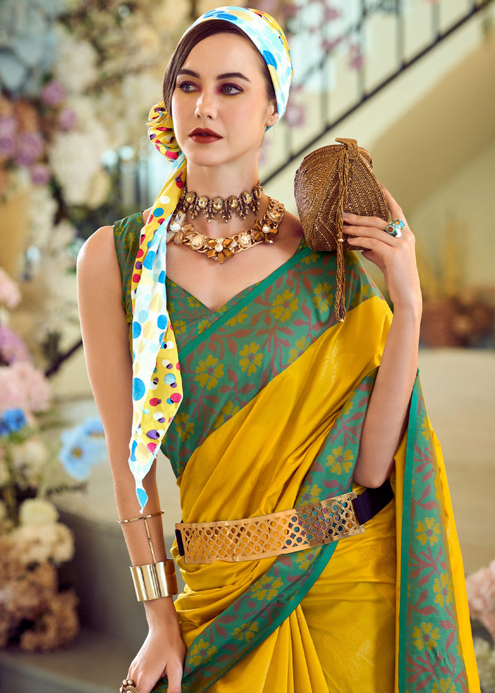 Canary Yellow Soft Silk Saree Adorned with Ikkat Border