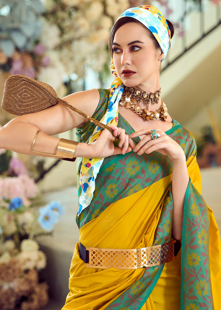 Canary Yellow Soft Silk Saree Adorned with Ikkat Border