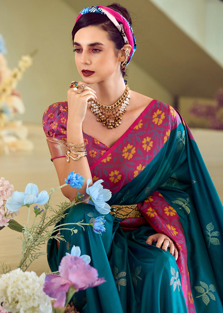 Prussian Blue Soft Silk Saree Adorned with Ikkat Border