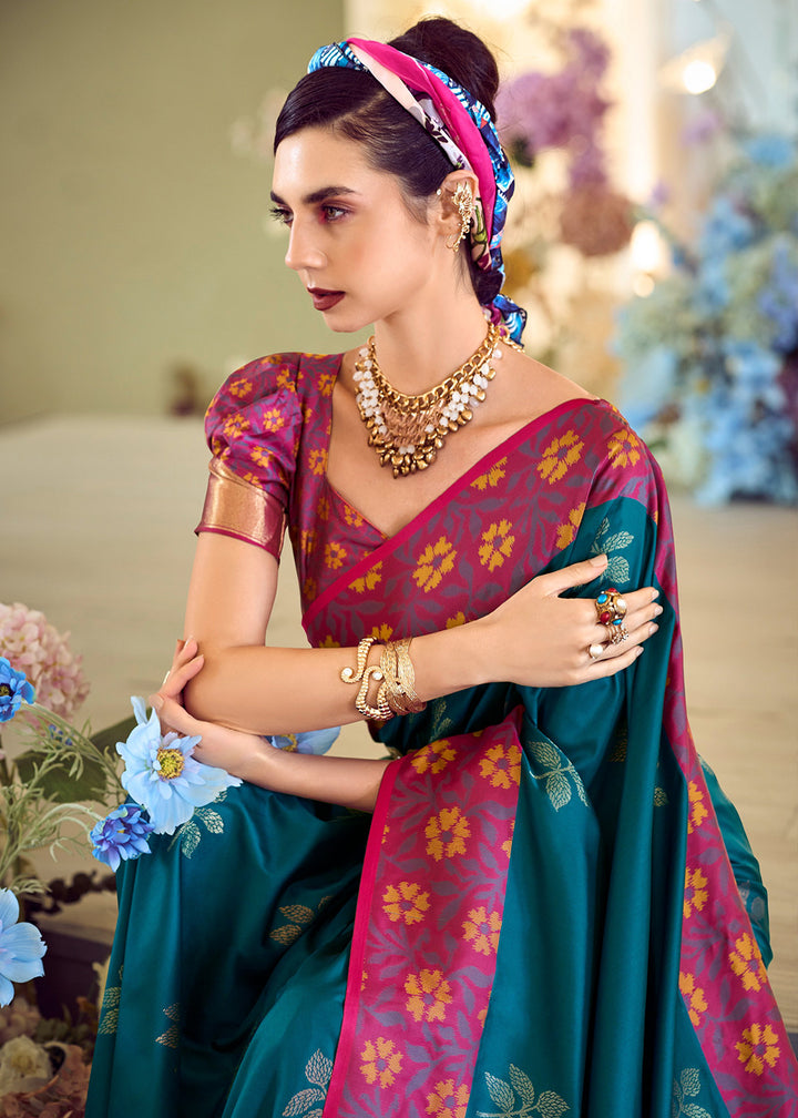 Prussian Blue Soft Silk Saree Adorned with Ikkat Border