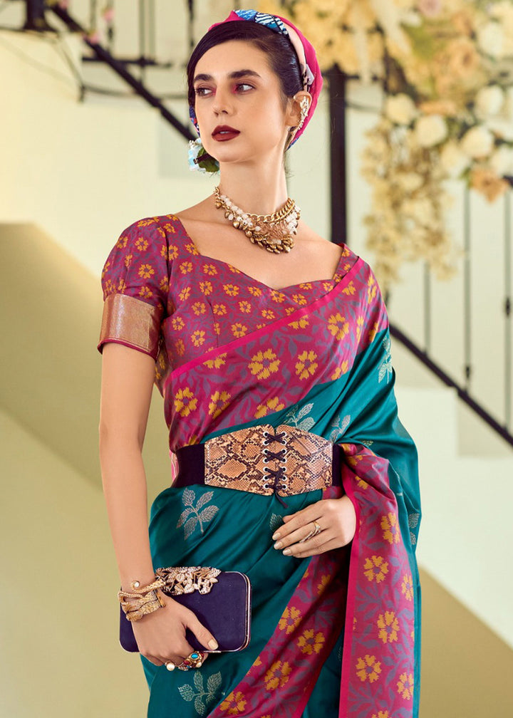 Prussian Blue Soft Silk Saree Adorned with Ikkat Border