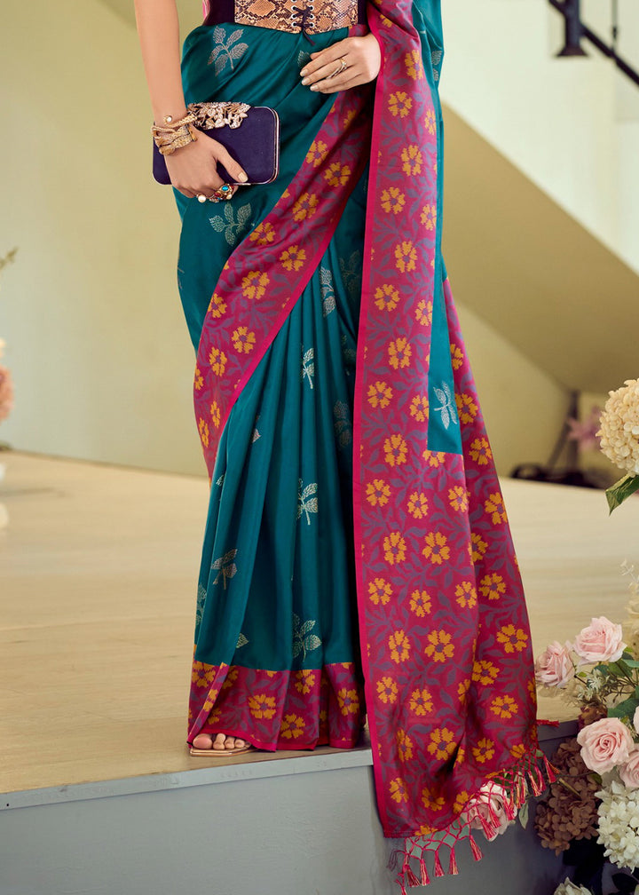 Prussian Blue Soft Silk Saree Adorned with Ikkat Border