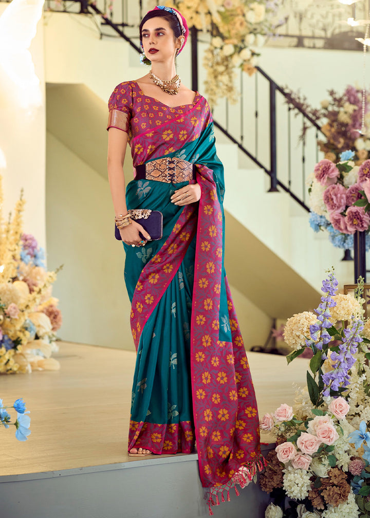 Prussian Blue Soft Silk Saree Adorned with Ikkat Border