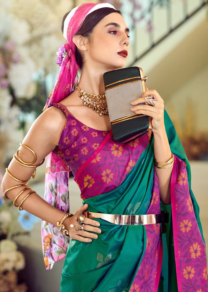 Jade Green Soft Silk Saree Adorned with Ikkat Border