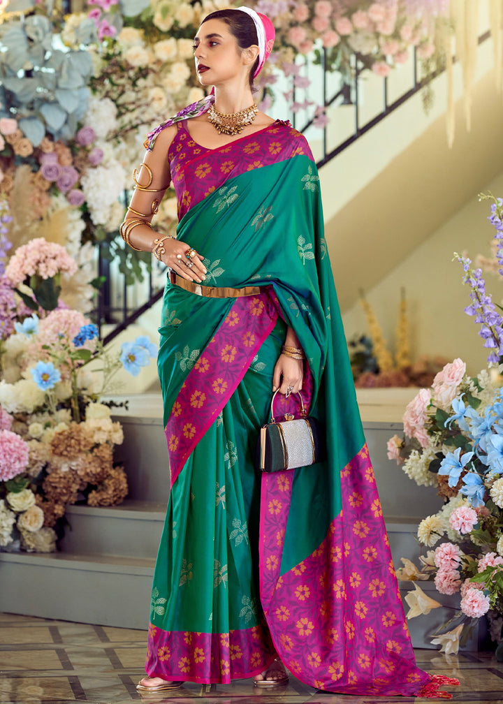 Jade Green Soft Silk Saree Adorned with Ikkat Border