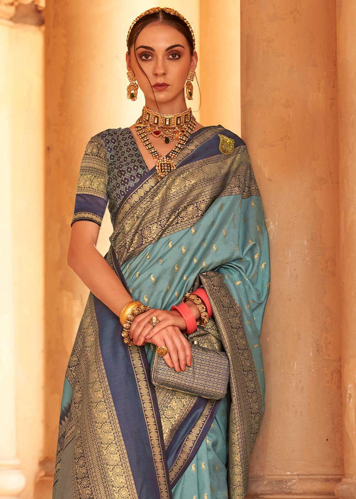 Cadet Blue Zari Woven Silk Saree with All-Over Butti Pattern
