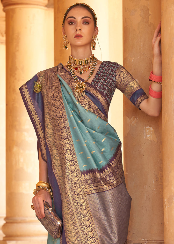 Cadet Blue Zari Woven Silk Saree with All-Over Butti Pattern