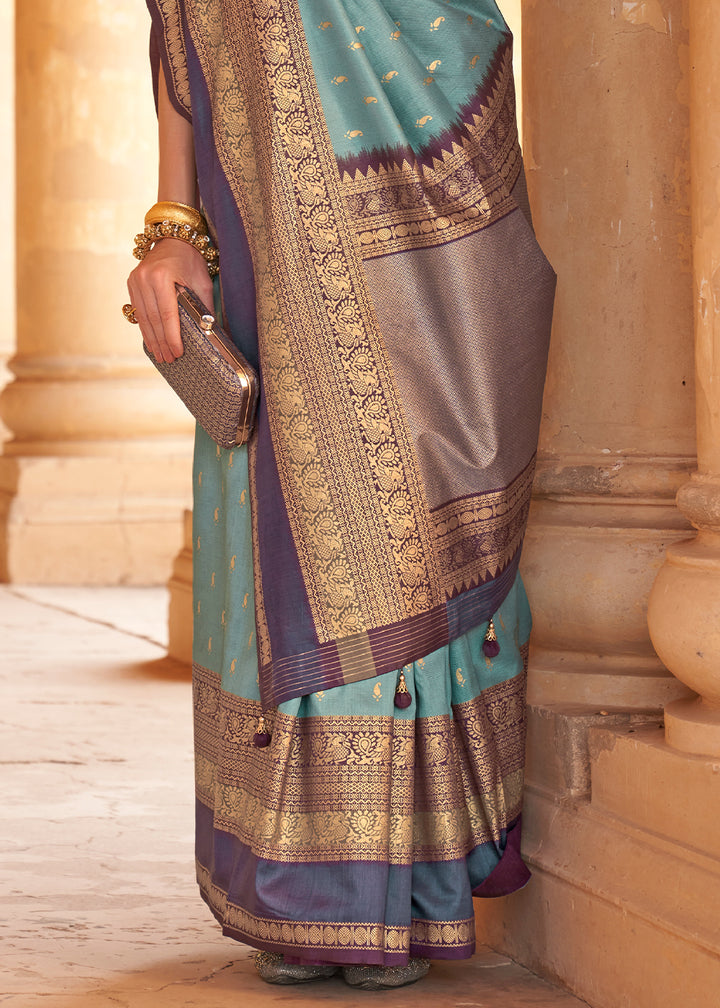 Cadet Blue Zari Woven Silk Saree with All-Over Butti Pattern