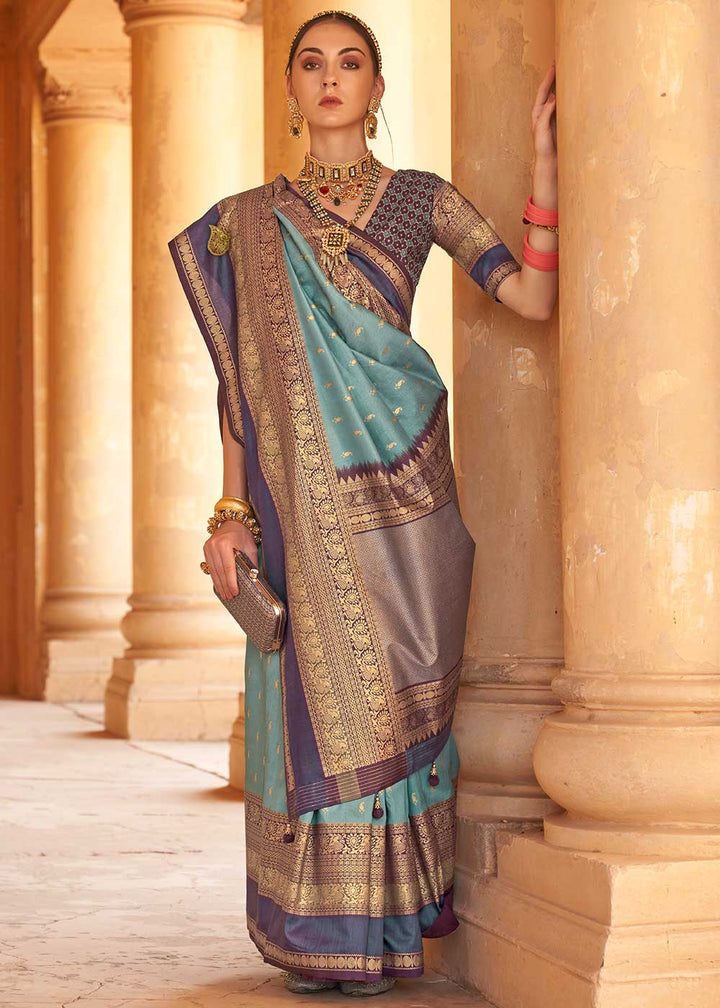 Cadet Blue Zari Woven Silk Saree with All-Over Butti Pattern