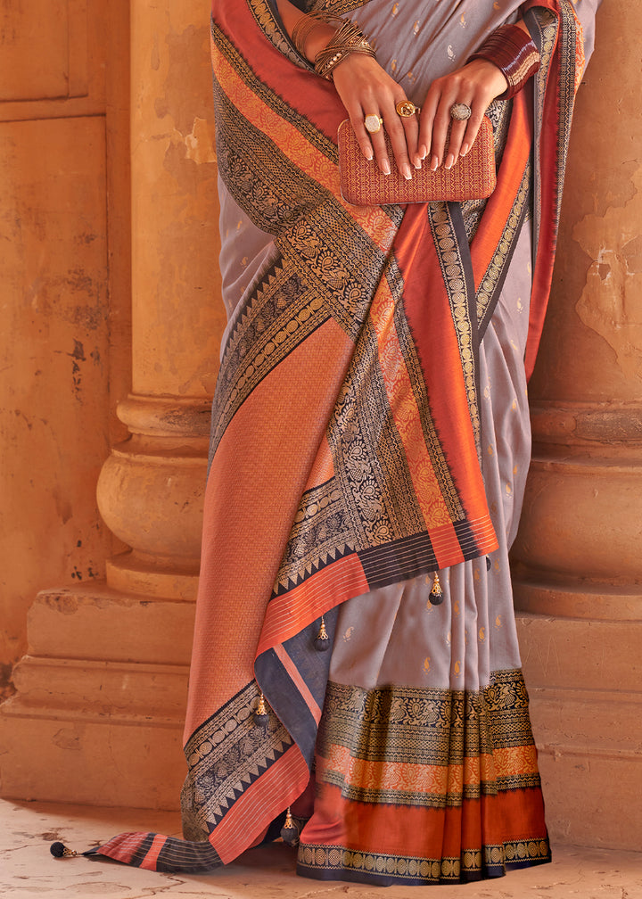 Coin Grey Zari Woven Silk Saree with All-Over Butti Pattern