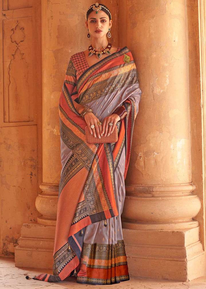 Coin Grey Zari Woven Silk Saree with All-Over Butti Pattern