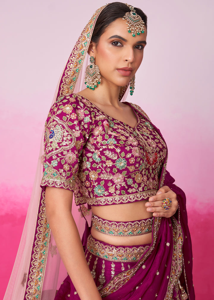 Magenta Purple Silk Lehenga Choli Adorned with Moti & Sequins Embroidery Work: Bridal Collection