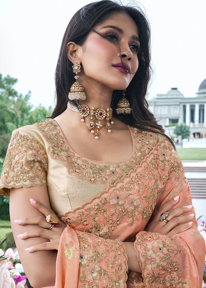 Peach Pinkish Orange Zari Woven Tissue Silk Saree