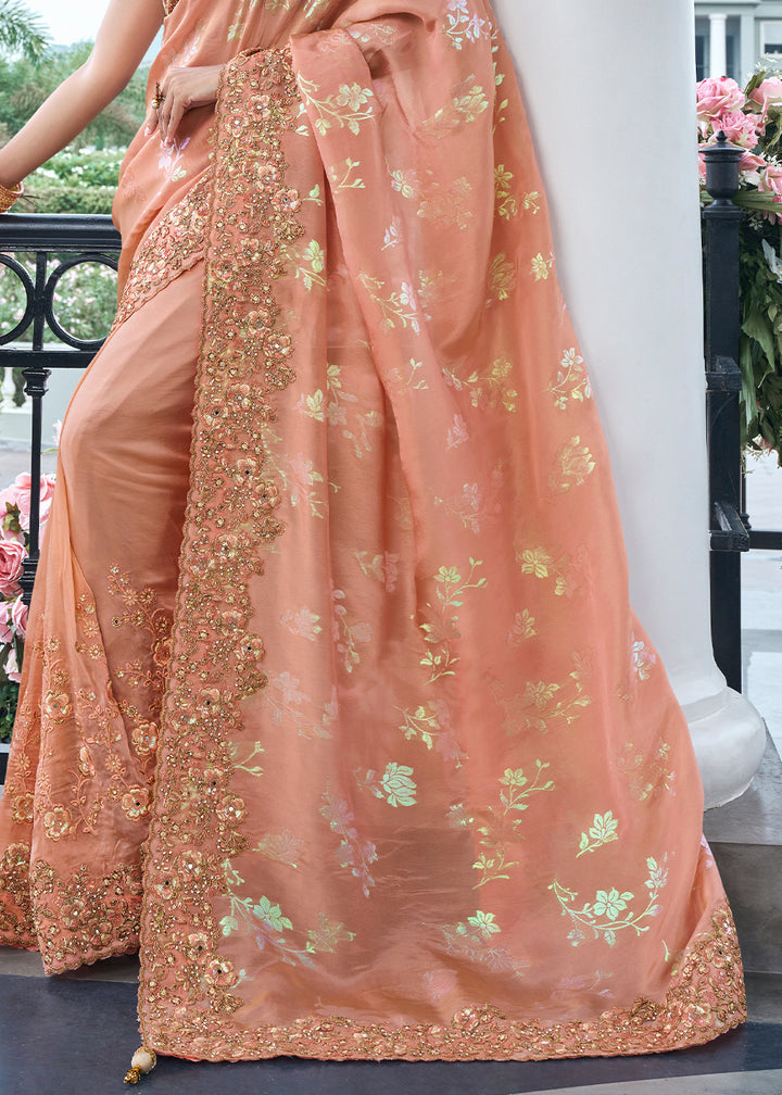 Peach Pinkish Orange Zari Woven Tissue Silk Saree