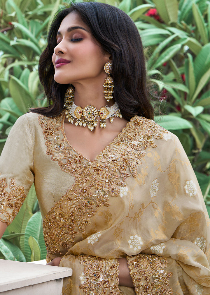 Beige Brown Zari Woven Tissue Silk Saree