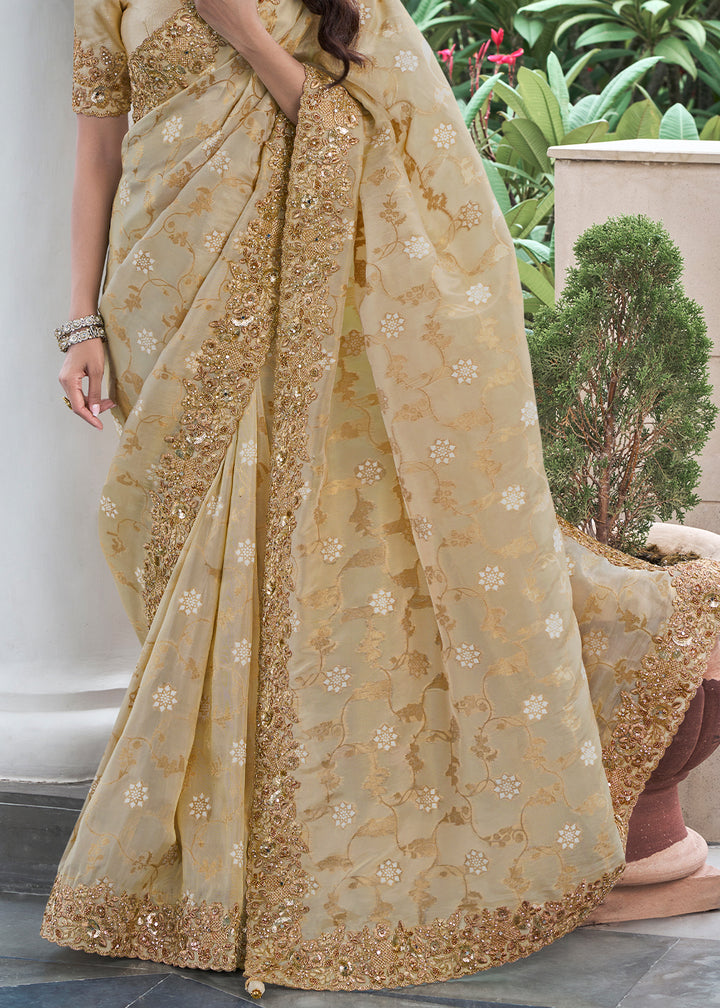 Beige Brown Zari Woven Tissue Silk Saree