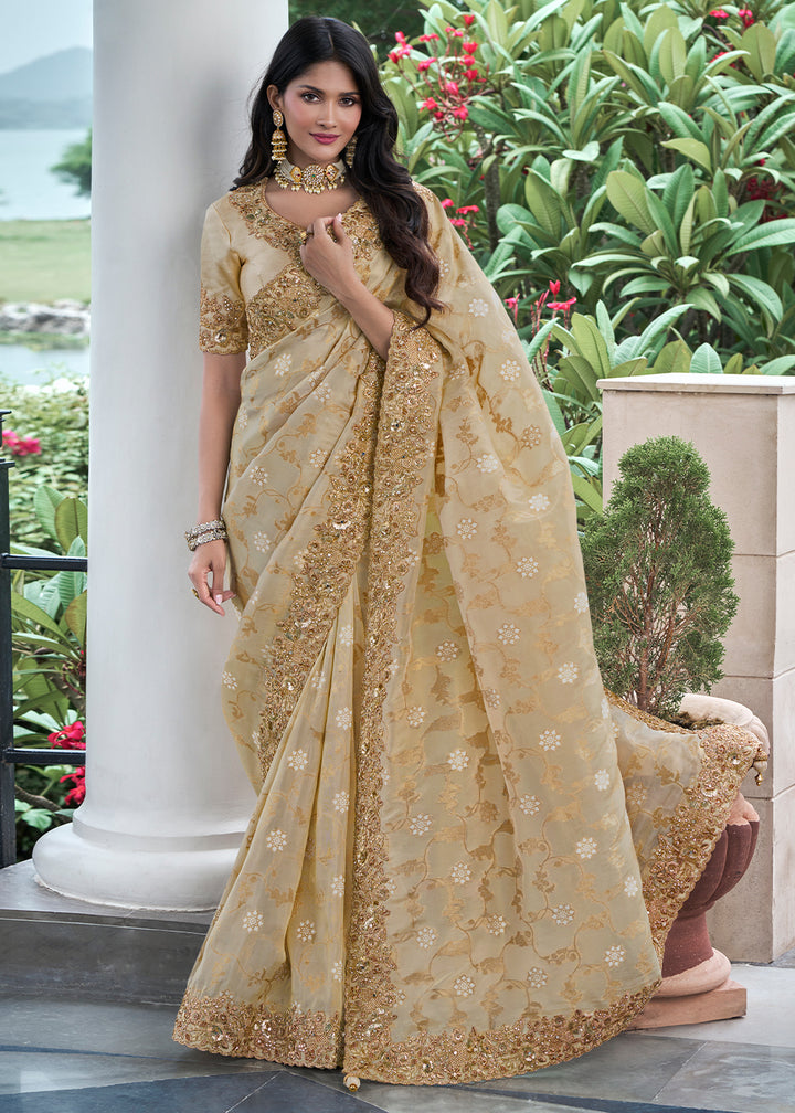 Beige Brown Zari Woven Tissue Silk Saree