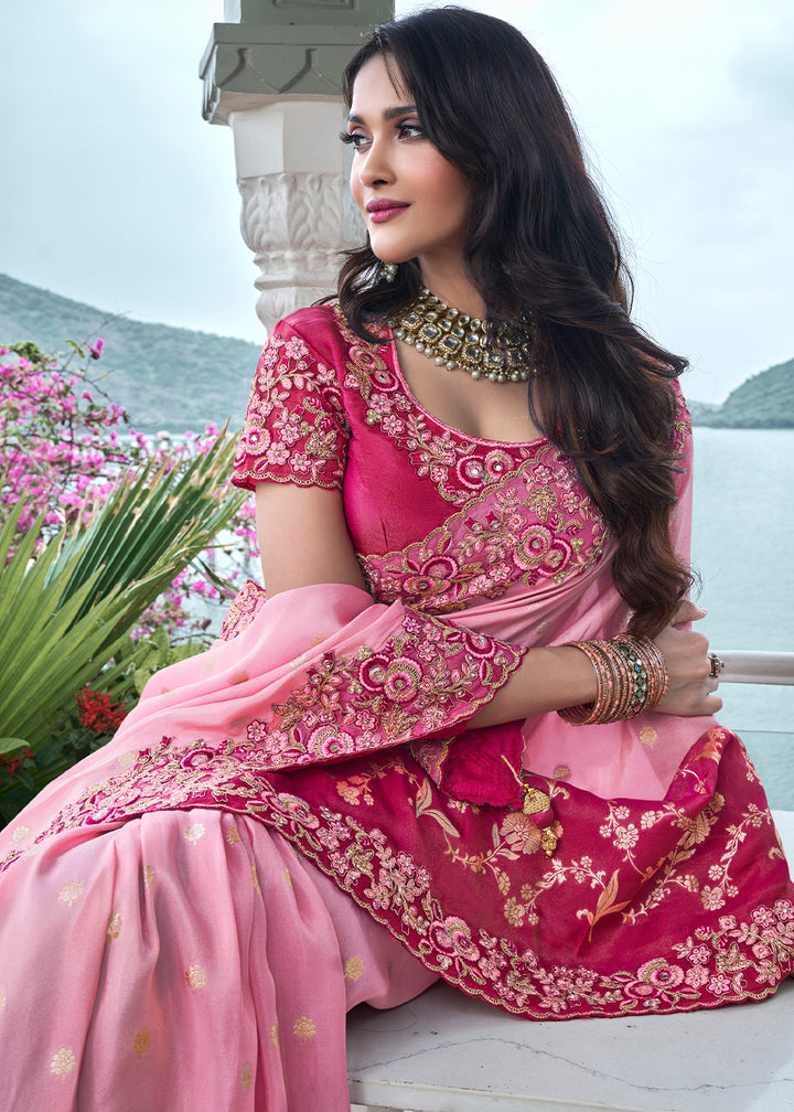 Two Tone Pink Zari Woven Tissue Silk Saree