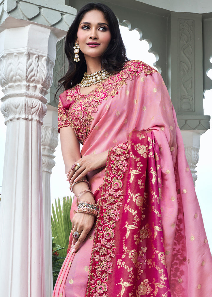 Two Tone Pink Zari Woven Tissue Silk Saree