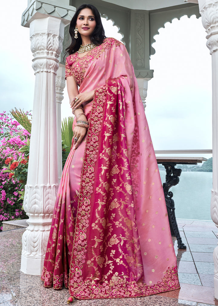 Two Tone Pink Zari Woven Tissue Silk Saree