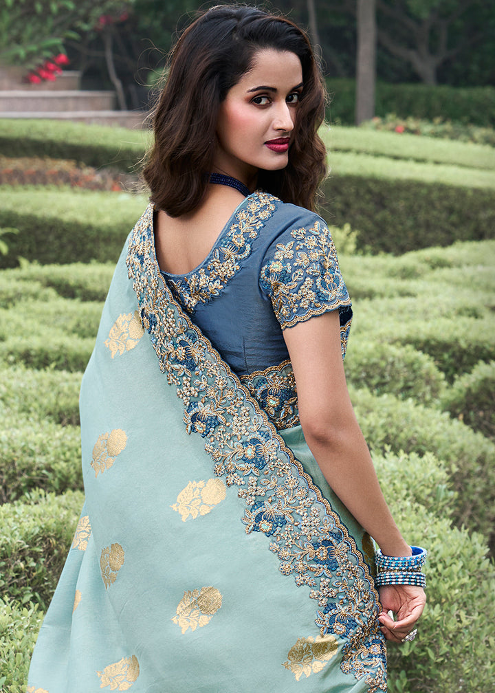 Two Tone Blue Zari Woven Tissue Silk Saree