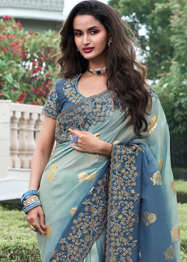 Two Tone Blue Zari Woven Tissue Silk Saree