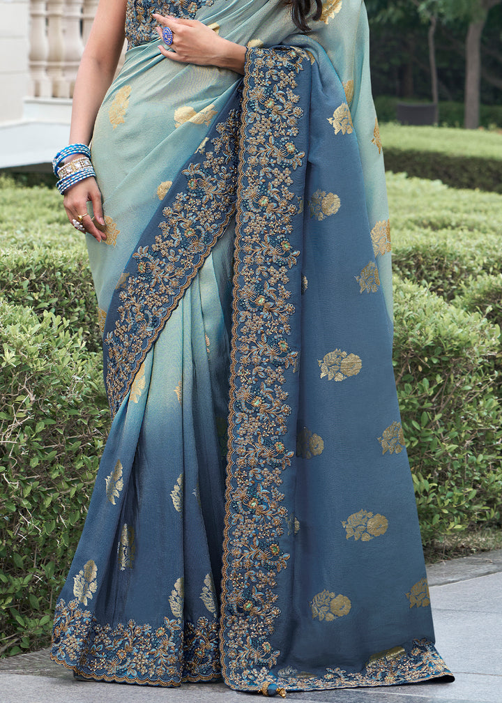 Two Tone Blue Zari Woven Tissue Silk Saree