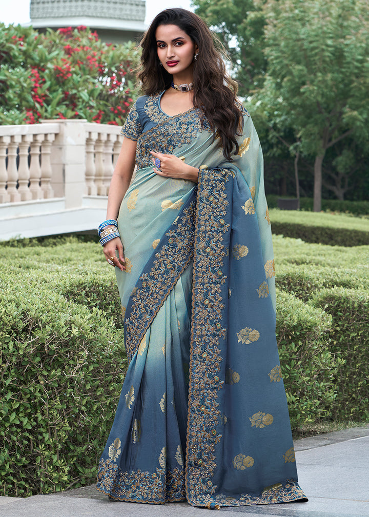 Two Tone Blue Zari Woven Tissue Silk Saree