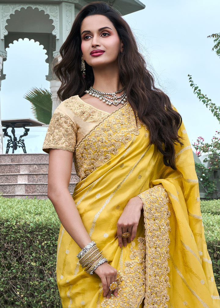 Cadium Yellow Zari Woven Tissue Silk Saree